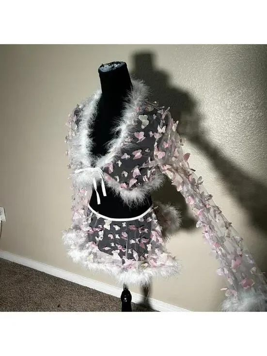 Fairycore Butterfly Mesh Set Coquette Angel Y2K Sheer Fur Trim Rave Festival - Picture 5 of 6